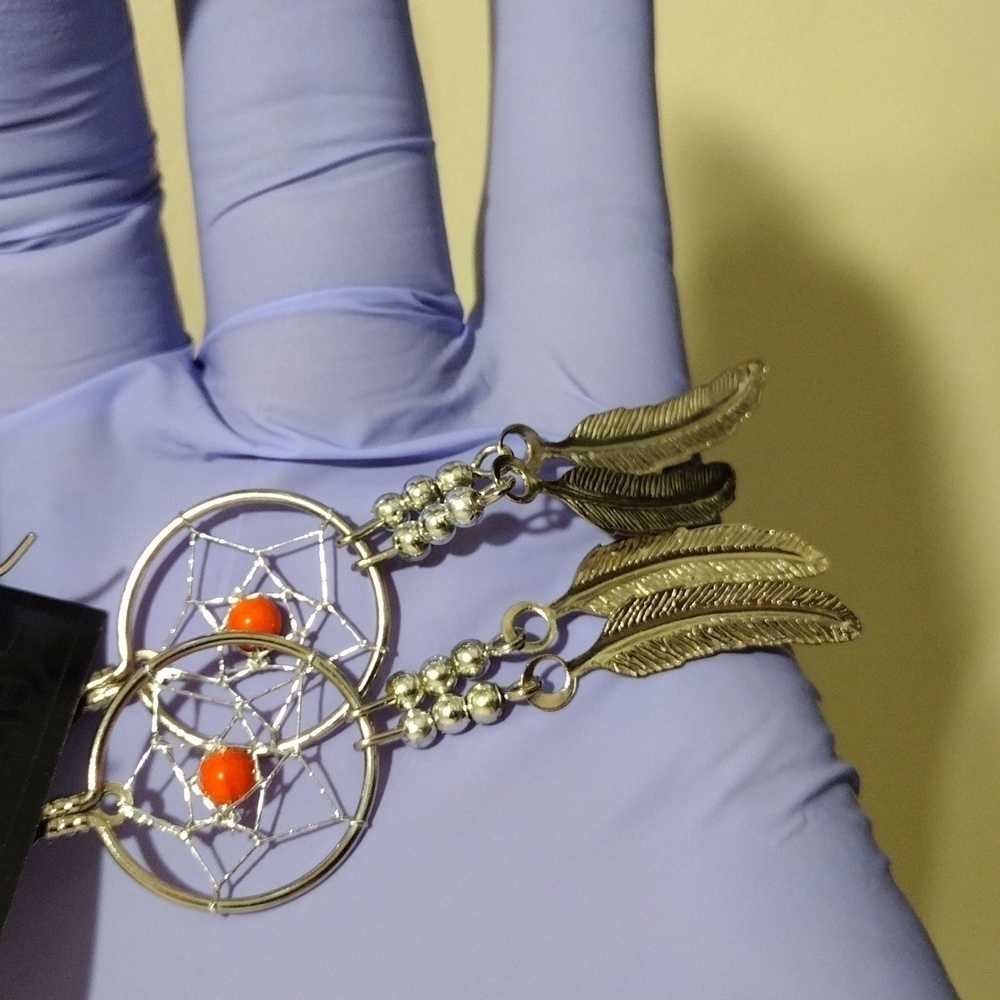Statement 3.25" Dreamcatcher Earrings – Dreamcatcher Silver Feather, Coral Beads - Picture 6 of 6